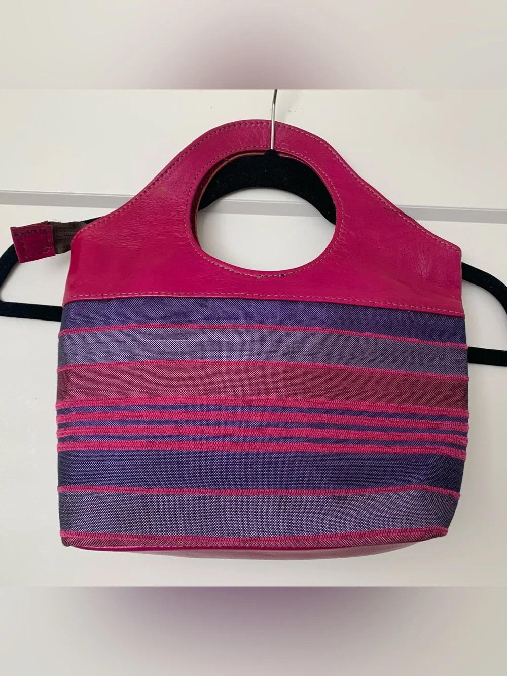 Vintage Raw Silk & Leather Handbag with matching scarf set - Magenta/purple